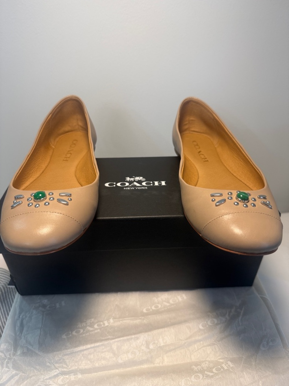 COACH Taupe Leather Embellished Ballet Flats - Picture 7 of 7